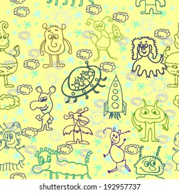 Alien Happy Cute Monsters Seamless Pattern Background