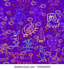 Alien Happy Cute Monsters Seamless Pattern Background 
