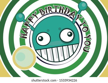 An alien has green skin.Showing its big teeth when smiling.