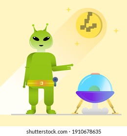 An alien has parked a flying saucer on the planet Earth and is waving his hand. The moon shines in it in the style