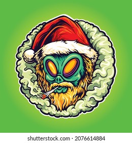 Alien Hat Santa Weed Smoking Vector illustrations for your work Logo, mascot merchandise t-shirt, stickers and Label designs, poster, greeting cards advertising business company or brands.