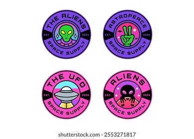 alien head with astronaut uniform, alien peace hand, ufo spaceship, alien shadow colorful modern illustration badge logo design set for astronautic, science, galaxy, space, adventure, kids merchandise