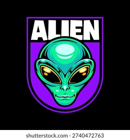 Alien Head Badge Mascot Logo Design. Green Extraterrestria Sci Fi Illustration