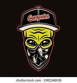 Alien head in baseball cap and bandana on face gangster character colorful vector illustration in cartoon style isolated on dark background