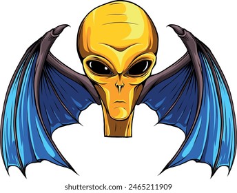 Cabeza alienígena con alas de murciélago. Diseño de Ilustración vectorial de humanoide extraterrestre