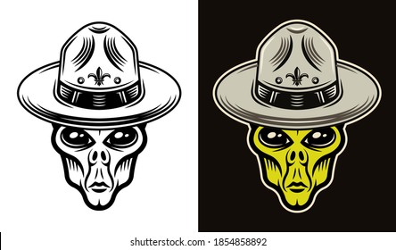Alien head in boy scout hat two styles black on white and colorful on dark background vector illustration