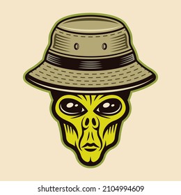 Alien head in bucket hat character colorful vector illustration in cartoon style isolated on light background