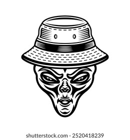 Alien head in bucket hat. Vector illustration in vintage monochrome style isolated on white background