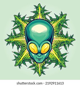 Alien head with cannabis leaf vector illustrations for your work logo, merchandise t-shirt, stickers and label designs, poster, greeting cards advertising business company or brands