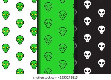 alien head colorful pattern on white, green, black background set. doodle alien space outline symbol seamless pattern background. funny galaxy creature seamless pattern for decor and merchandise