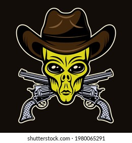 Cabeza alienígena con sombrero de vaquero y pistolas cruzadas ilustración vectorial en colorido estilo caricatura aislado en fondo oscuro