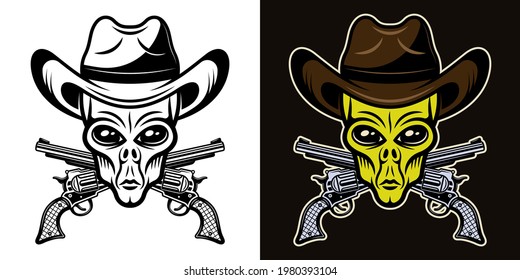 Alien head in cowboy hat and crossed pistols vector illustration in two styles black on white and colorful on dark background