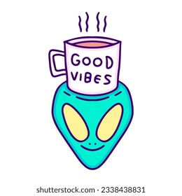 Alien head and cup of coffee, illustration for t-shirt, sticker, or apparel merchandise. With doodle, retro, and cartoon style.