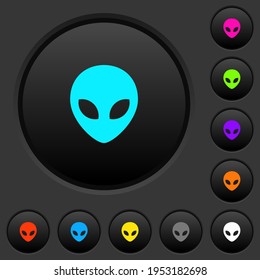 Alien head dark push buttons with vivid color icons on dark grey background