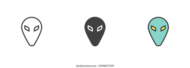 Alien head different style icon set. Line, glyph and filled outline colorful version, outline and filled vector sign. Symbol, logo illustration. Vector graphics