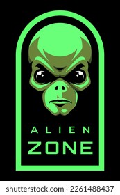 Alien head emblem. Green humanoid. Ufo. T-shirt print.