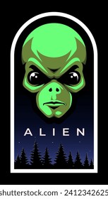 Emblema de cabeza alienígena. Humanioide verde. Ufo. Impresión de camisetas.