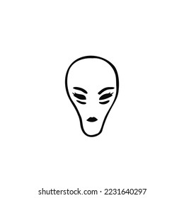 alien head with eyelashes and lipstick on lips - in doodle style - hand drawn vector drawing. the concept of a stereotypical image of a female humanoid alien