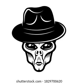 Alien head in fedora hat vector illustration in vintage monochrome style isolated on white background