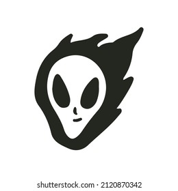 Alien head and fire, illustration for t-shirt, sticker, or apparel merchandise. With retro cartoon style.