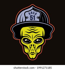 Alien head in firefighter helmet character colorful vector illustration in cartoon style isolated on dark background