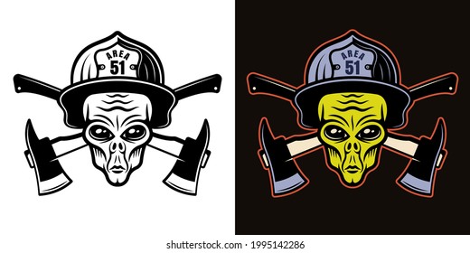 Alien head in firefighter helmet and crossed axes two styles black on white and colorful on dark background vector illustration