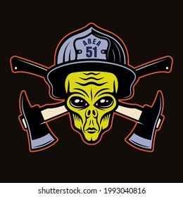 Alien head in firefighter helmet and two crossed axes colorful vector illustration in cartoon style isolated on dark background