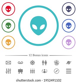 Alien head flat color icons in circle shape outlines. 12 bonus icons included.