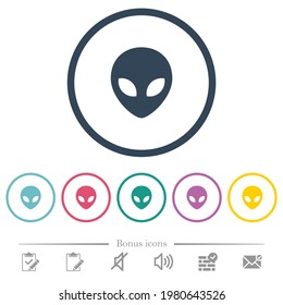 Alien head flat color icons in round outlines. 6 bonus icons included.