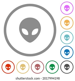 Alien head flat color icons in round outlines on white background