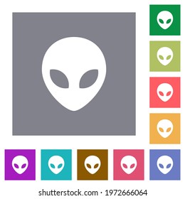 Alien head flat icons on simple color square backgrounds