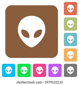 Alien head flat icons on rounded square vivid color backgrounds.