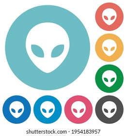 Alien head flat white icons on round color backgrounds