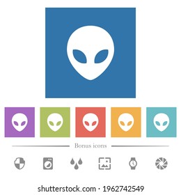 Alien head flat white icons in square backgrounds. 6 bonus icons included.