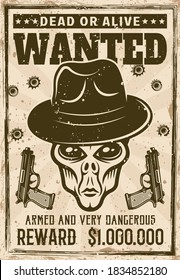 Cabeza alienígena en gangster fedora que quería afiche en ilustración vectorial de estilo vintage. Textos y texturas de grifo separadas en capas
