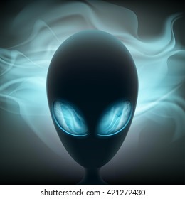 Alien head with glowing eyes on a dark background. Stock vector illustration.