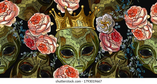 Alien head, golden crown and pink roses flowers. Embroidery. Horizontal seamless pattern. Gothic art, science fiction style. UFO, paleocontact concept. Template for clothes, t-shirt design 
