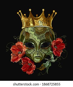 Alien head, golden crown and poppies flowers. Embroidery. Gothic style, science fiction style. UFO art. Template for clothes, t-shirt design 