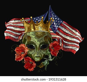 Alien head, golden crown, red roses and rippled American flag. UFO art. Template for clothes, t-shirt design