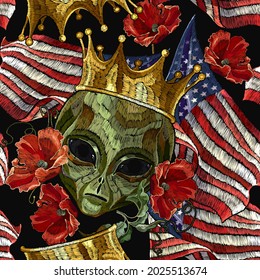 Alien head, golden crown, red roses and rippled American flag. Seamless pattern. UFO art. Template for clothes, t-shirt design 