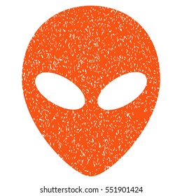 Alien Head grainy textured icon for overlay watermark stamps. Flat symbol with dirty texture. Dotted vector orange ink rubber seal stamp with grunge design on a white background.