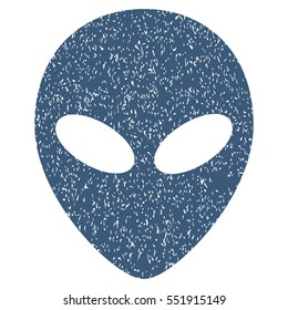 Alien Head grainy textured icon for overlay watermark stamps. Flat symbol with scratched texture. Dotted vector blue ink rubber seal stamp with grunge design on a white background.