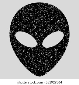 Alien Head grainy textured icon for overlay watermark stamps. Flat symbol with unclean texture. Dotted vector black ink rubber seal stamp with grunge design on a light gray background.