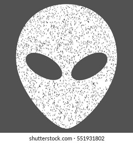 Alien Head grainy textured icon for overlay watermark stamps. Flat symbol with dirty texture. Dotted vector white ink rubber seal stamp with grunge design on a gray background.