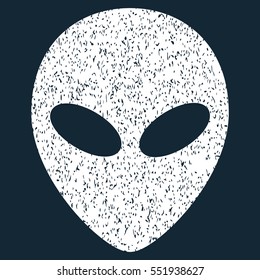 Alien Head grainy textured icon for overlay watermark stamps. Flat symbol with unclean texture. Dotted vector white ink rubber seal stamp with grunge design on a dark blue background.