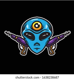 alien head with guns, logo mascot, vector design