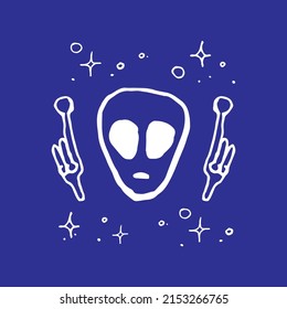 Alien-Kopf-und Handgrafik auf blauem Raum