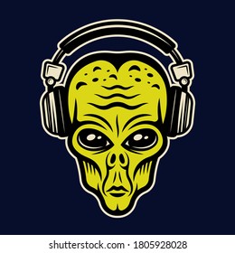Alien head in headphones character colorful vector illustration in cartoon style isolated on dark background