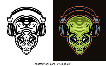 Alien head in headphones set of vector illustration in two styles black on white and colorful on dark background