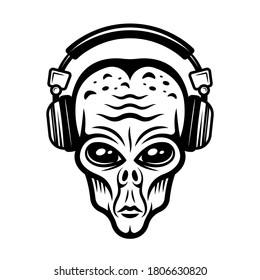 Alien head in headphones vector illustration in vintage monochrome style isolated on white background